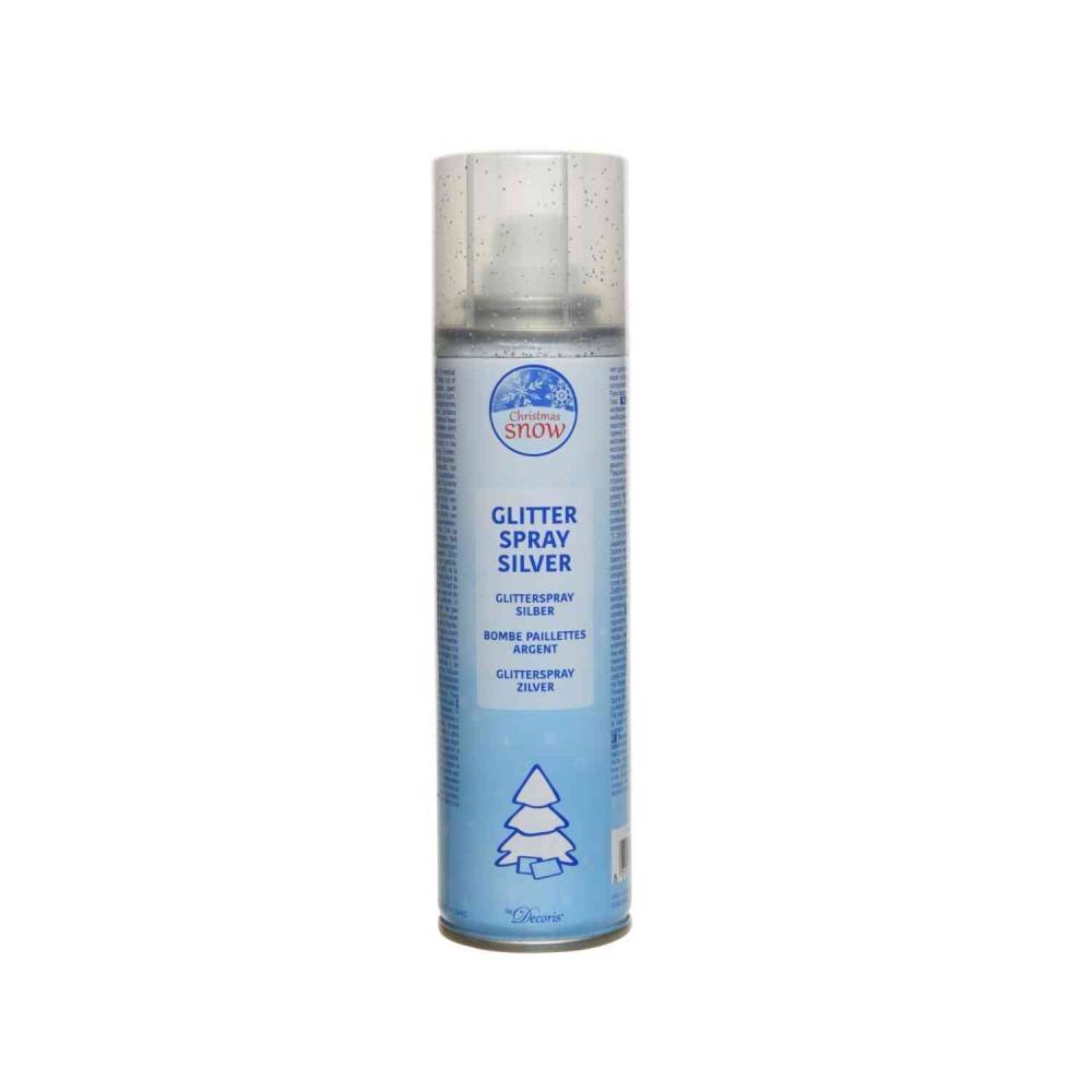 A silver glitter spray can with a light blue label, featuring a white Christmas tree graphic.