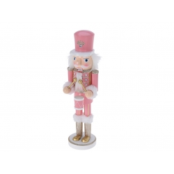 A pink and white nutcracker figure with glittery accents and a charming expression.