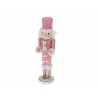 A pink and white nutcracker figure with glittery accents and a charming expression.