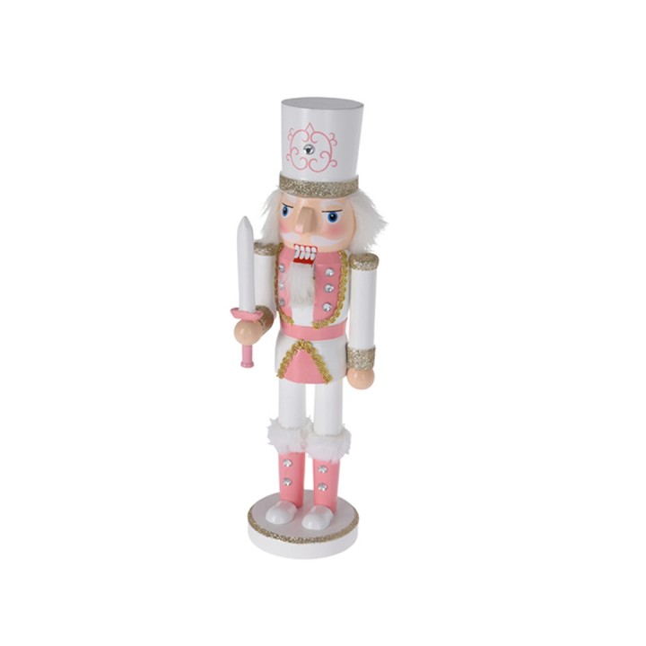 Een schattige, roze en witte notenkraker met een zwaard, versierd met glitters en een schattig ge...