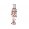 A whimsical pink and white nutcracker with a sword, adorned in glittery details.