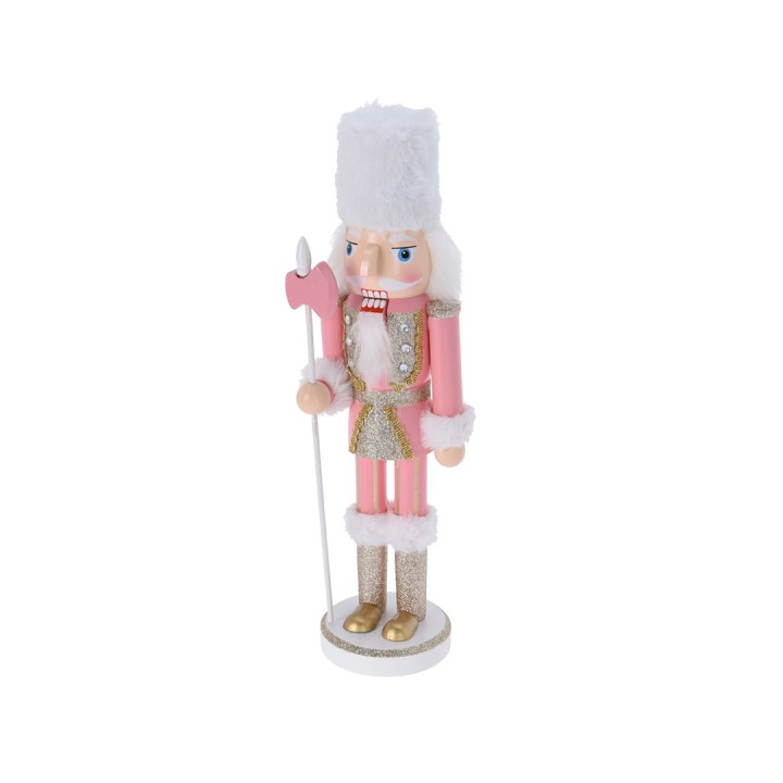 Een schattige roze notenkraker met glitters, witte bontaccenten en gouden laarzen.
