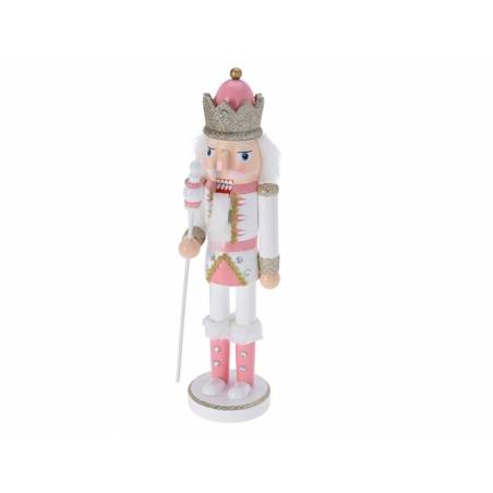A colorful nutcracker figurine in pink, white, and gold, with a crown and a scepter.