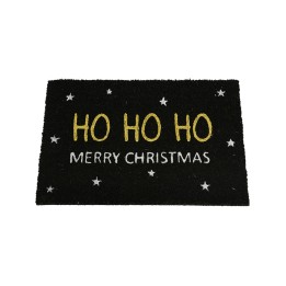 Zwarte deurmat met gouden en witte tekst, versierd met sterren, feestelijke kerststijl.