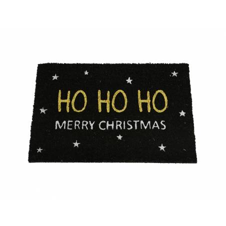 A black doormat with "HO HO HO" in gold and "MERRY CHRISTMAS" in white, surrounded by stars.