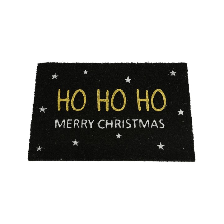 Zwarte deurmat met gouden en witte tekst, versierd met sterren, feestelijke kerststijl.