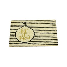 A beige doormat featuring a black-striped design and a gold ornament with "let it snow" text.