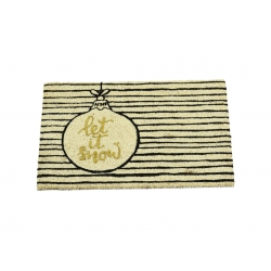 A beige doormat featuring a black-striped design and a gold ornament with "let it snow" text.