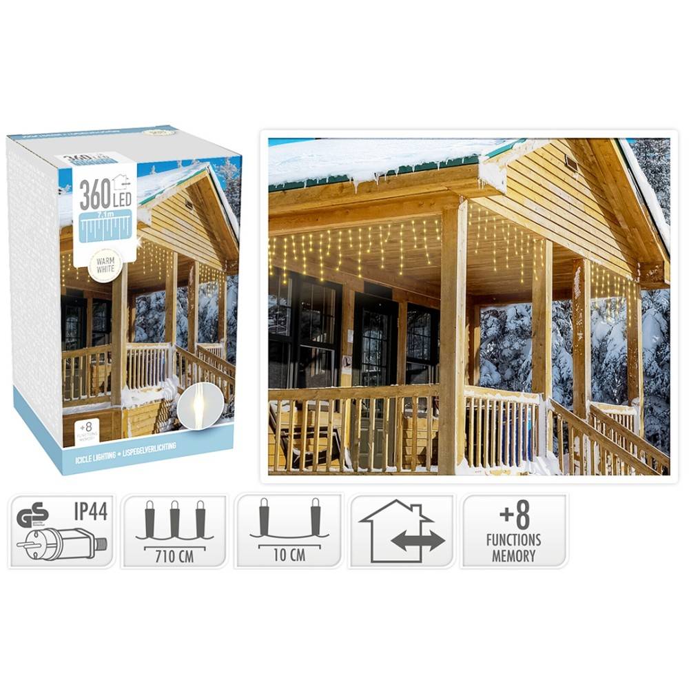 Decoratieve LED-verlichting met witte lampjes, hangend aan een houten veranda, met sneeuw op het ...