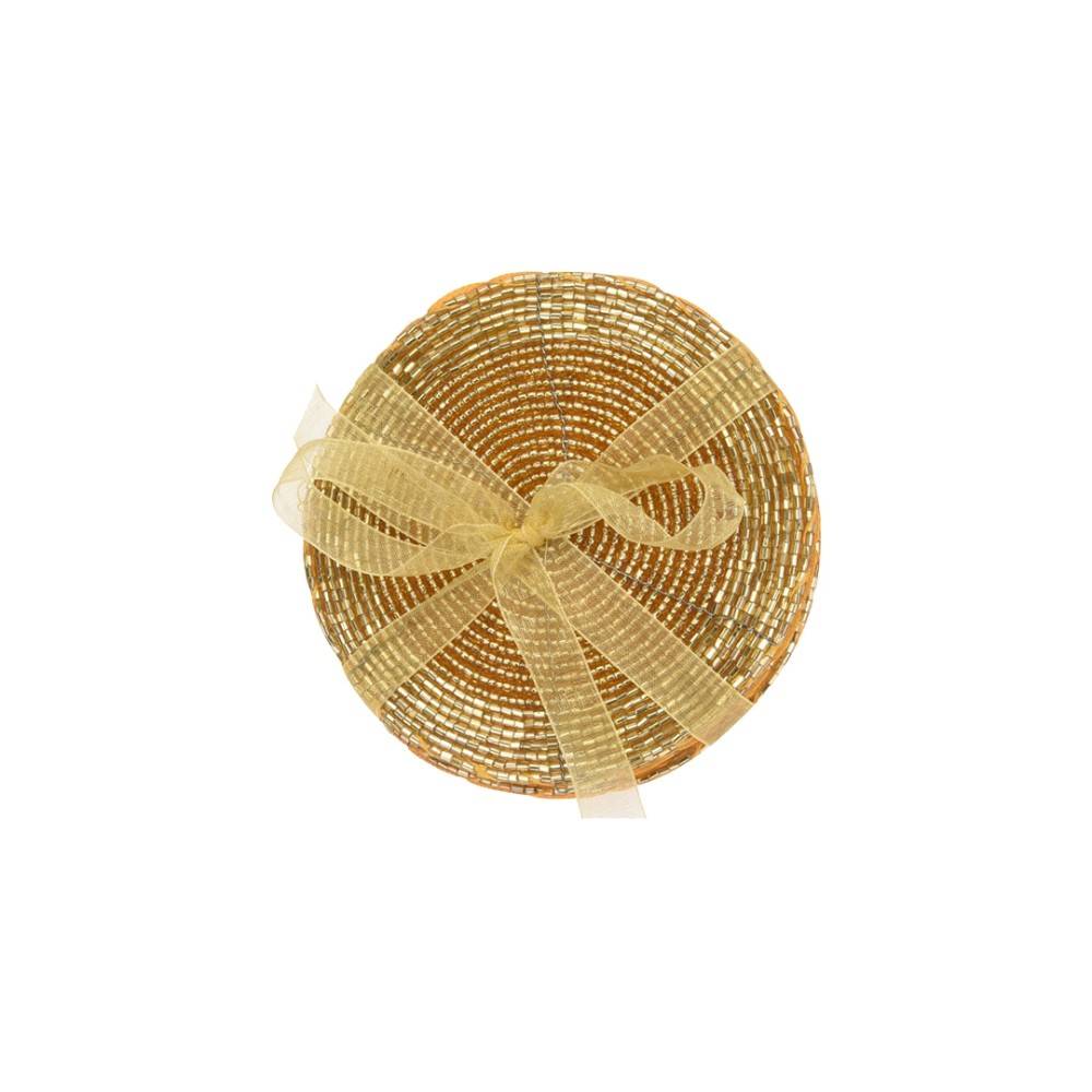A circular woven basket in gold tones, adorned with a delicate, sheer ribbon bow.