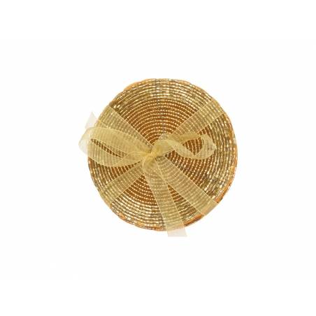 A circular woven basket in gold tones, adorned with a delicate, sheer ribbon bow.