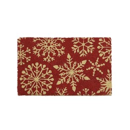 A festive red mat adorned with golden snowflake patterns.