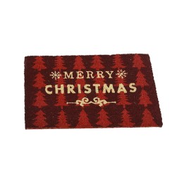 Een deurmat in rood met witte tekst en kerstbomen in een speelse stijl.