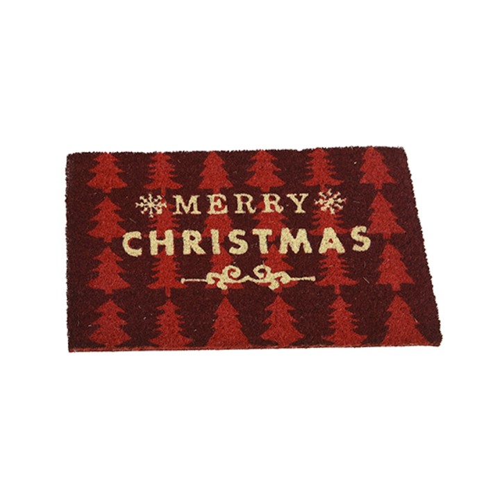 Een deurmat in rood met witte tekst en kerstbomen in een speelse stijl.