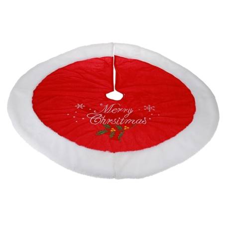 A vibrant red Christmas tree skirt with white fur trim and festive "Merry Christmas" lettering.