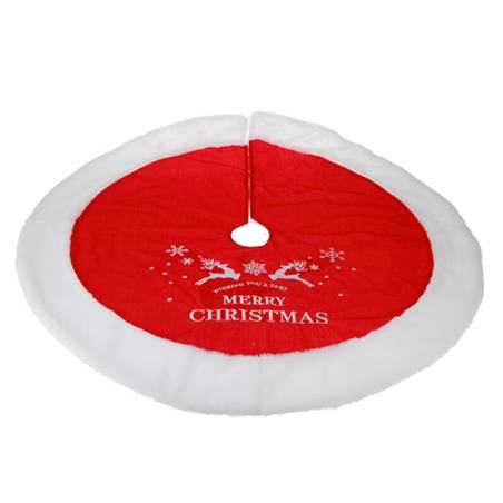 A round red Christmas tree skirt with white fur trim and festive reindeer design.