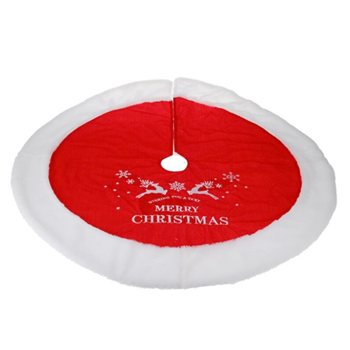 Rode kerstboomrok met witte rand en opdruk van "Merry Christmas" en rendieren.