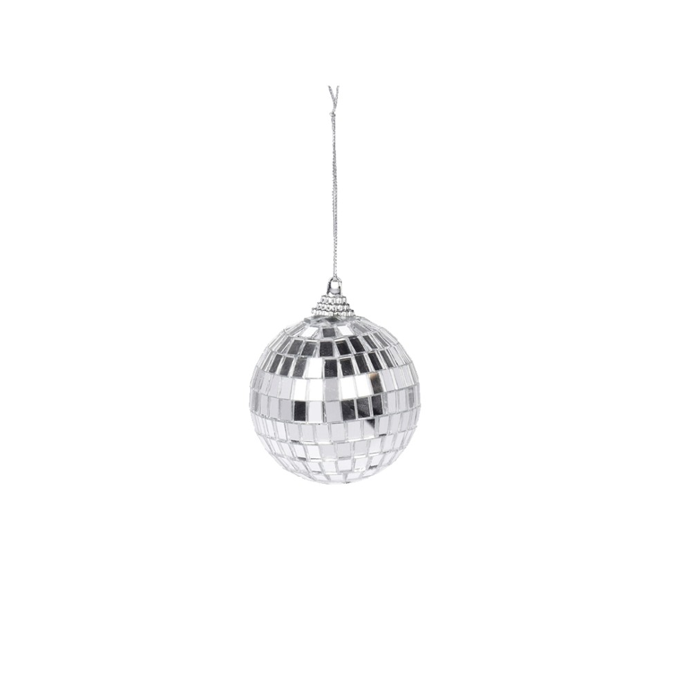 A shiny, silver disco ball reflecting light with small square mirrors.