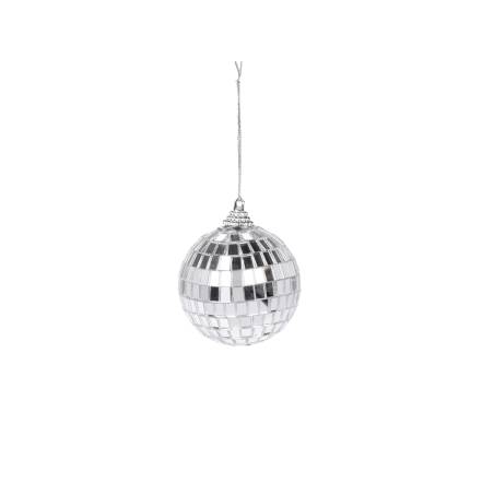 A shiny, silver disco ball reflecting light with small square mirrors.
