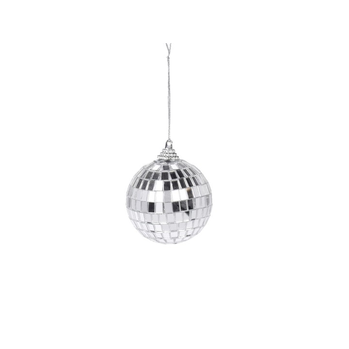 Een glanzende, ronde discobal met reflecterende vierkante schakeringen, hangend aan een draad.