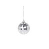 A shiny, silver disco ball reflecting light with small square mirrors.