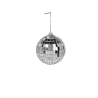 A shiny, spherical disco ball covered in reflective square tiles, suspended by a thin wire.
