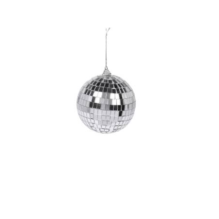 A shiny, reflective disco ball hanging against a plain background, made of small mirrored tiles.