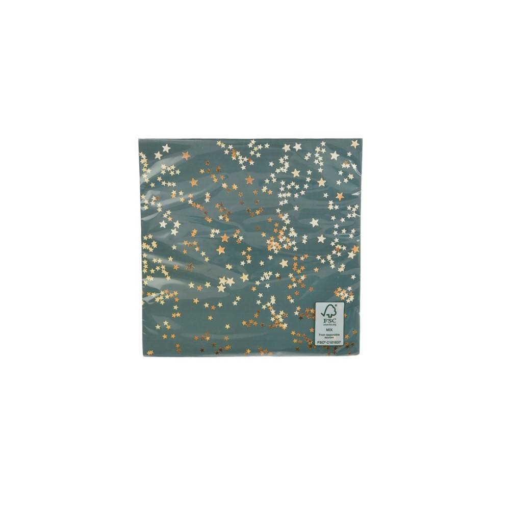 A teal background scattered with small, shiny gold and white stars.