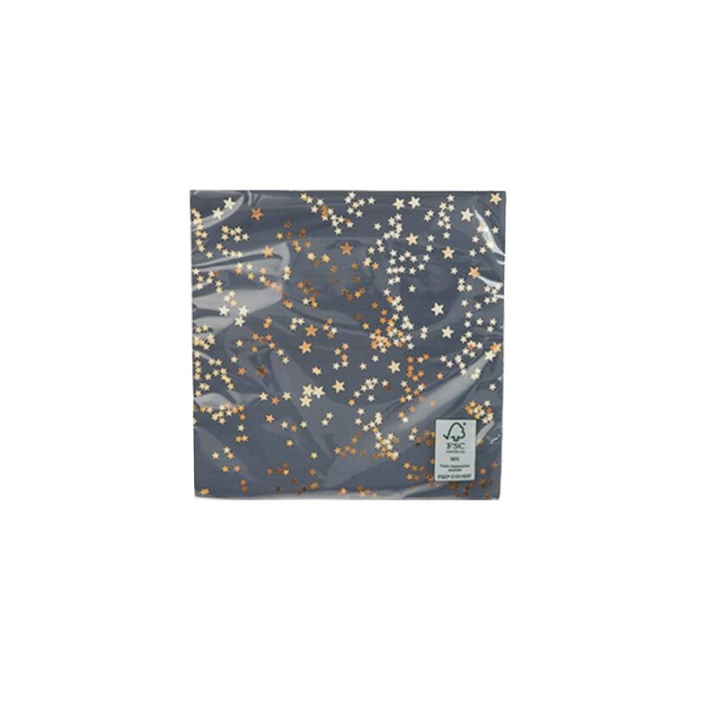 Dark blue wrapping paper adorned with scattered gold and silver star shapes.
