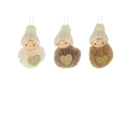 Drie schattige hangdecoraties met bontachtige pompons en gebreide mutsen, elk met een glinsterend...