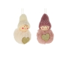 Two cute, fuzzy ornaments with smiling faces, knit hats, and heart-shaped embellishments.
