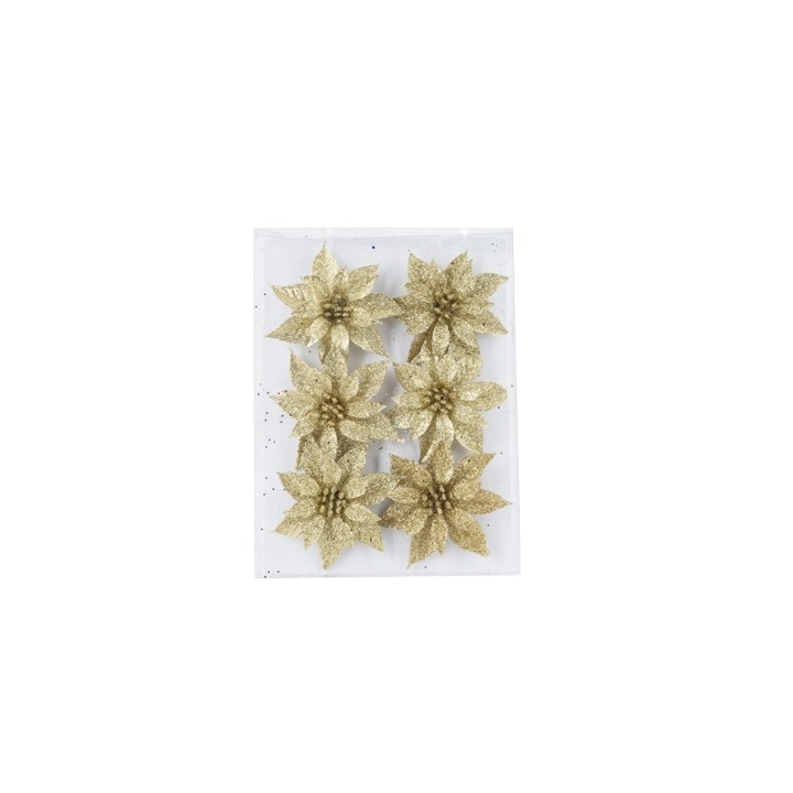 Zes gouden, glinsterende bloemen met een stervorm, op een doorzichtige achtergrond.