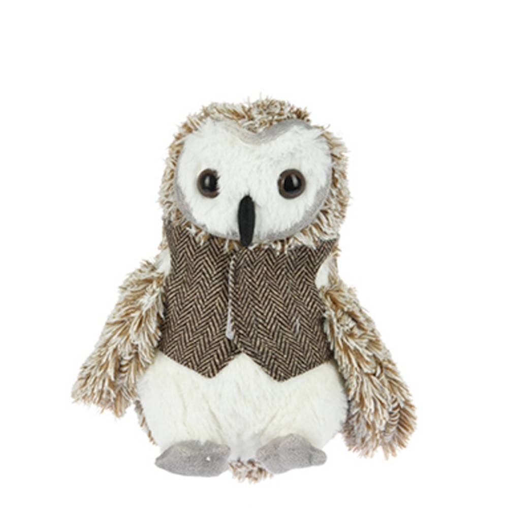 A fluffy owl plush with a herringbone vest, large eyes, and soft textured feathers.