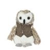 A fluffy owl plush with a herringbone vest, large eyes, and soft textured feathers.