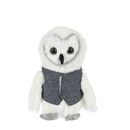 A fluffy white owl plush wearing a textured blue vest, with large expressive eyes. A fluffy white owl plush wearing a textured blue vest, with large expressive eyes.