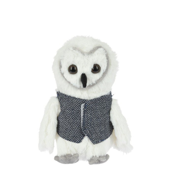 Schattige, witte uil met grote ogen en een grijs vest van stof met een visgraatpatroon.