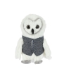 A fluffy white owl plush wearing a textured blue vest, with large expressive eyes.
