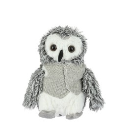 Schattige pluche uil met grijze en witte kleuren, een herringbone vestje en grote ogen.