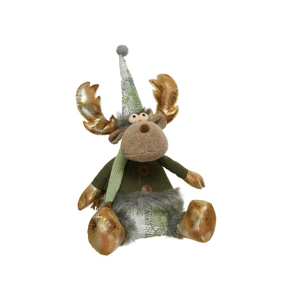 A plush moose with shiny antlers, wearing a festive hat and cozy outfit.