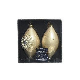 Two elegant gold Christmas ornaments, one adorned with a sparkling icy design, in a gift box.