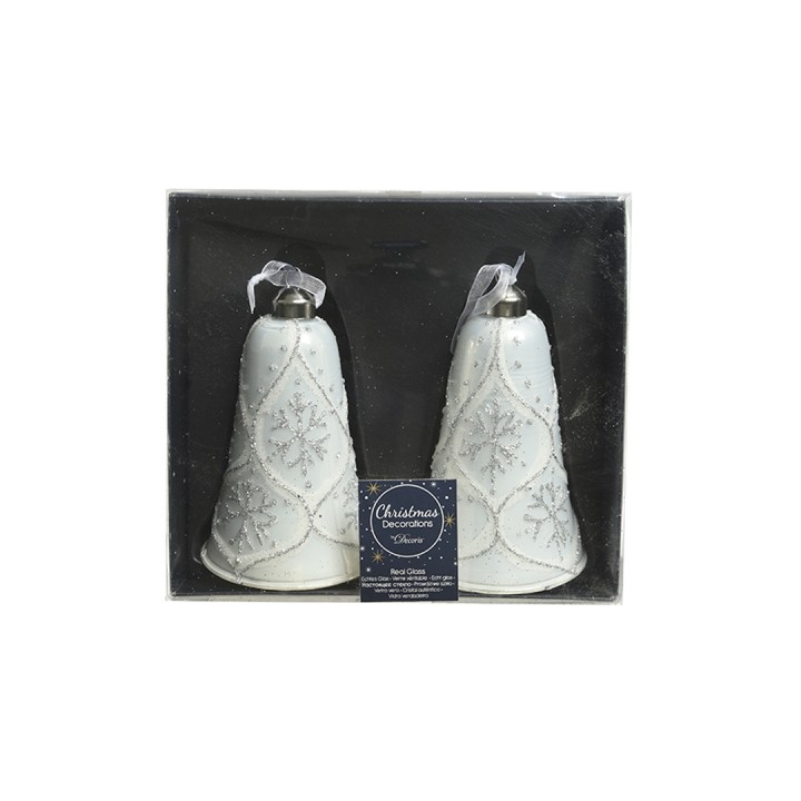 Twee witte kerstklokken met glinsterende decoraties in een zwarte doos.
