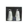 Two white ceramic bells with silver accents, elegantly boxed for holiday decor.