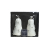 Two elegant white Christmas bells adorned with silver accents, presented in a clear box.