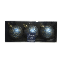 Three elegant blue Christmas ornaments with gold geometric patterns in a clear box.