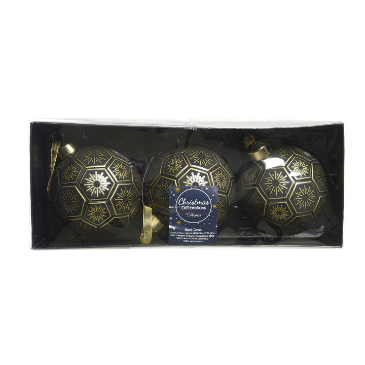Drie zwarte kerstballen met gouden patronen, verpakt in een elegante doos.