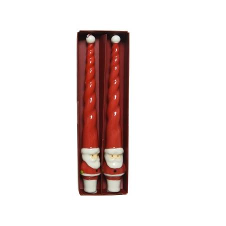 Two red, twisted candy cane-like figures with Santa faces, in a festive box.
