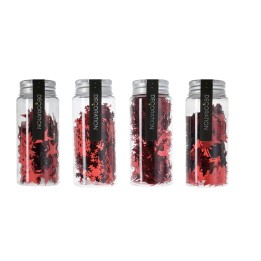 Vier doorzichtige potjes met rode decoratieve confetti in diverse vormen en maten.