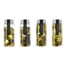 Four clear jars filled with gold and black decorative confetti shapes.