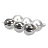 A collection of shiny silver and matte gray spherical ornaments arranged in a row.