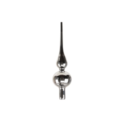 A sleek, shiny metal ornament featuring a bulbous base and a slender pointed top.